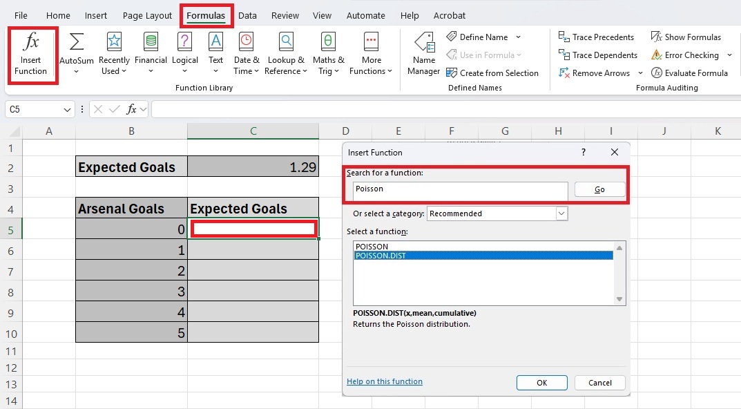 excel sheet with an insert function options box open on screen